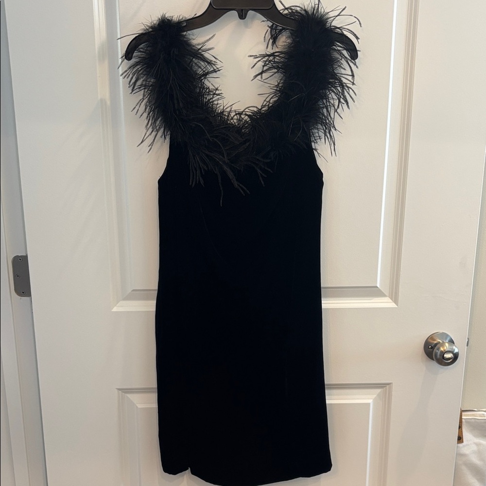 RIXO Black Mini Dress with Feather Trim